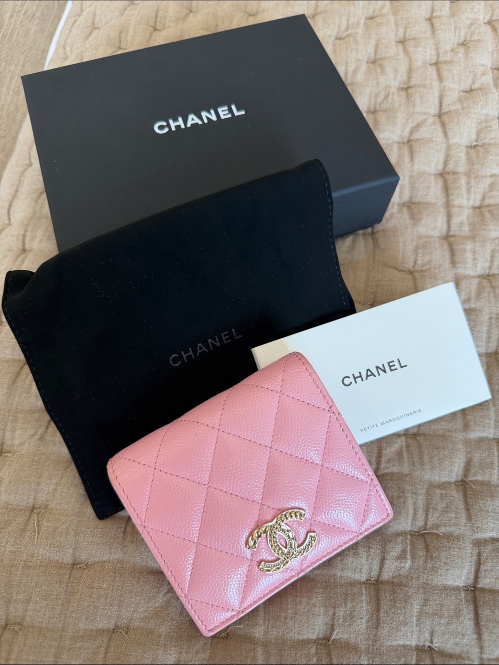 CHANEL Pink Quilted Leather Compact Wallet with Gold CC Emblem